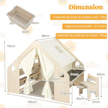 Load image into Gallery viewer, Tente de Jeu d'Intérieur en Bois pour Enfants 6 en 1 Tableau Noir Table Chaise 6 Bacs de Rangement Coussin de Sol Maison de Jeu pour 2-6 ans Beige -