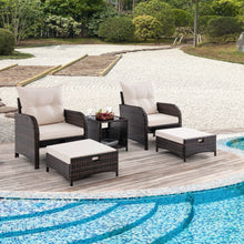 Load image into Gallery viewer, Meubles de Patio 5 Pices Ensemble de Canap d'Extrieur en Rotin avec 2 Chaises 2 Poufs et 1 Table Basse Coussins Doux Plateau en Verre Tremp Beige -