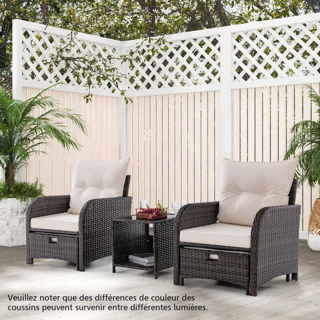 Meubles de Patio 5 Pices Ensemble de Canap d'Extrieur en Rotin avec 2 Chaises 2 Poufs et 1 Table Basse Coussins Doux Plateau en Verre Tremp Beige -