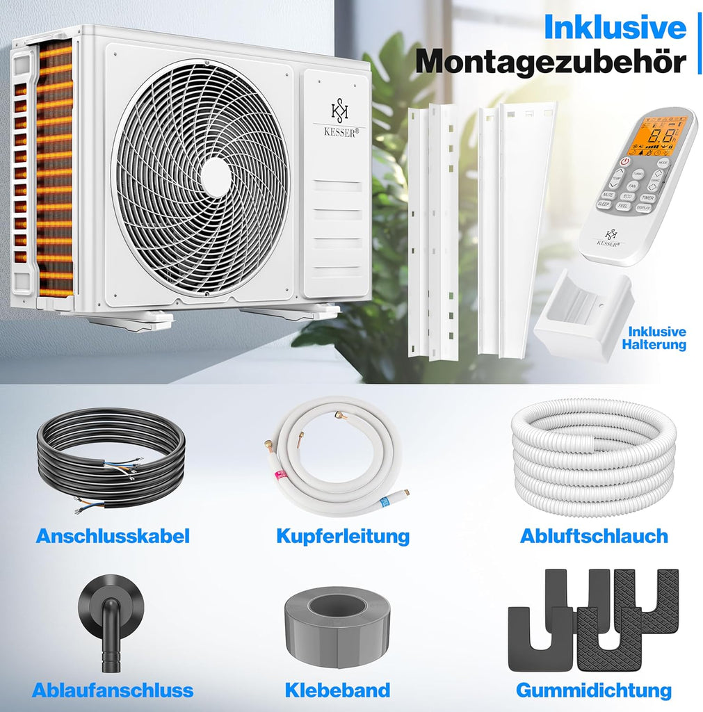 KESSER® Climatisation SET réversible - Climatiseur avec fonction WiFi/Application - Refroidissement A++/ Chauffage A+ Fluide réfrigérant R32 - Écran LCD Split 9000 BTU/h / 2600 Watt - Anthrazit