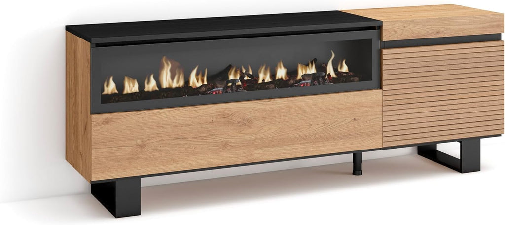 Skraut Home | Meuble TV | Banc Télé | Grand Espace de Rangement | 150x57x35cm | pour Les TV jusqu'à 65" | Cheminée électrique | Design Industriel | Style Moderne | Chêne