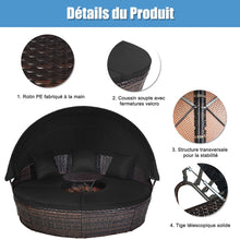 Load image into Gallery viewer, Lit de Jardin Rond d'Exterieur Table Relevable Modulable &amp; Convertible - Pare Soleil Réglable rotin PE Coussins Inclus Noir -