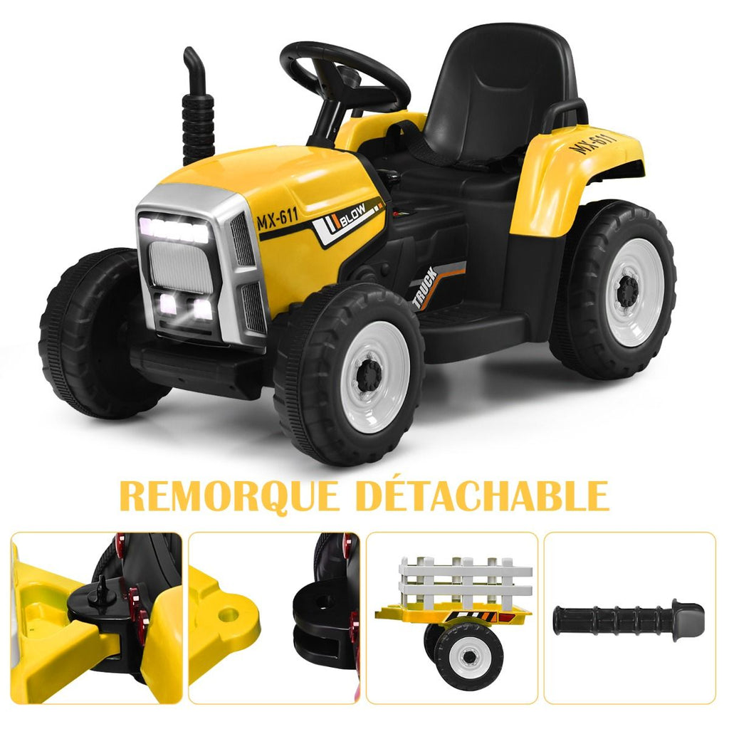 Tracteur Electrique avec Remorque pour Enfants 3 Vitesses Lumires LED Fonctions o USB et Bluetooth Jaune/Rose/Rouge/Vert/Vert Fonc/Noir -