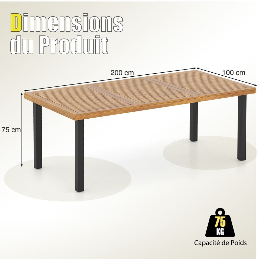 Table de Jardin 200 CM pour 8 Personnes Table Exterieur en Bois d’Acacia avec Trou de Parasol Dia.5 CM Design Latte Pieds en Métal -