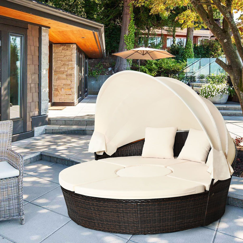 Lit de Jardin Rond d'Exterieur Table Relevable Modulable & Convertible - Pare Soleil Réglable rotin PE Coussins Inclus Beige -