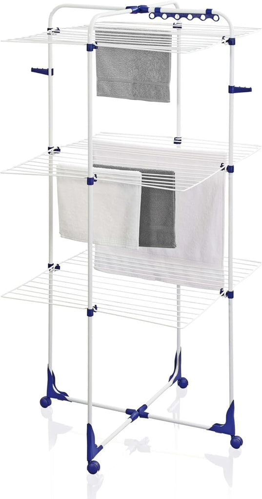 Leifheit Tour de séchage Classic Tower 340, étendoir à linge pliable à 3 niveaux, séchoir à linge tour 34 m avec cadres rabattables & roulettes 360°