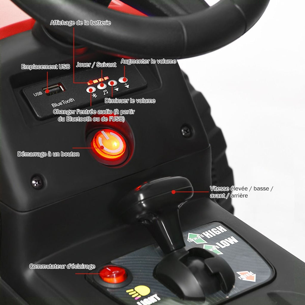Tracteur Electrique avec Remorque pour Enfants 3 Vitesses Lumires LED Fonctions o USB et Bluetooth Jaune/Rose/Rouge/Vert/Vert Fonc/Noir -