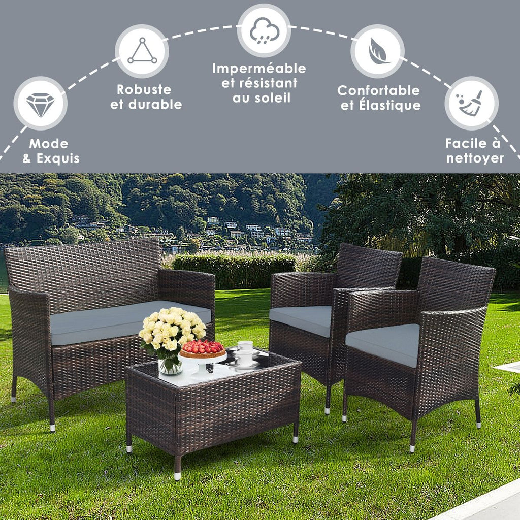 Salon de Jardin 4 PCS Mobilier de Terrasse en Rotin PE pour Véranda Patio Terrasse Piscine Marron et Gris -