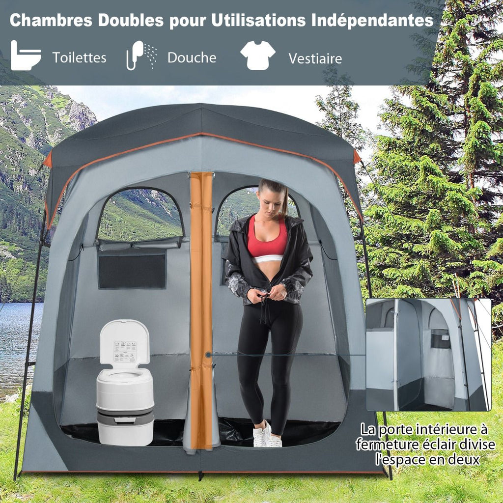 Tente Cabine de Douche Portable 2 Personnes en 2 Parties avec Bâche de Pluie Amovible Corde à Linge Crochet 210x107x210 cm Gris -