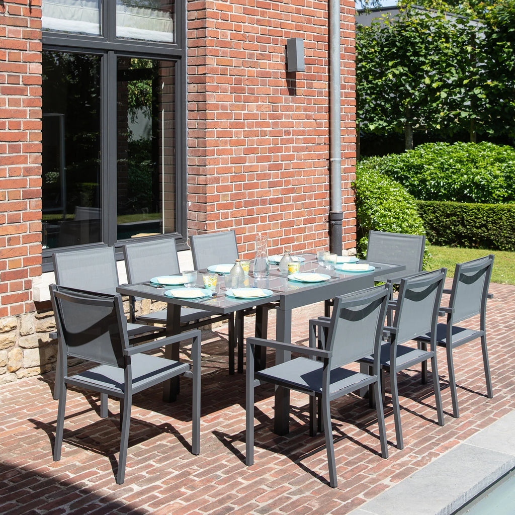 Salon de jardin LAMPEDUSA extensible en textilne gris 8 places - aluminium anthracite -