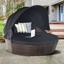Load image into Gallery viewer, Lit de Jardin Rond d'Exterieur Table Relevable Modulable &amp; Convertible - Pare Soleil Réglable rotin PE Coussins Inclus Noir -
