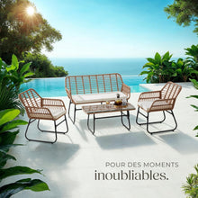 Load image into Gallery viewer, TecTake® Salon de Jardin Extérieur en Poly Rotin 4 Personnes Ensemble Canapé 2 Places 2 Fauteuil Salon et Table de Jardin, Coussins Amovibles Inclus, Amenagement Balcon Terrasse Veranda