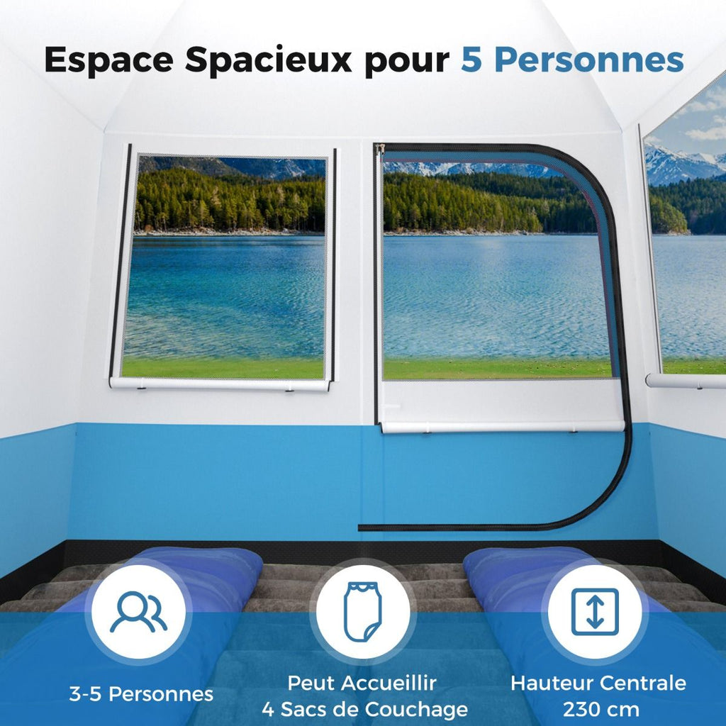 Tente de Camping pour 5 Personnes Tente Dôme Étanche avec Porte et Fenêtres en Maille Sac de Transport 248x248x230cm Bleu + Blanc -