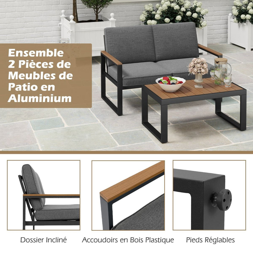 Salon de Jardin 2 Pièces avec Table Basse Causeuse Ensemble de Meubles d'Extérieur en Aluminium avec Accoudoirs Gris -
