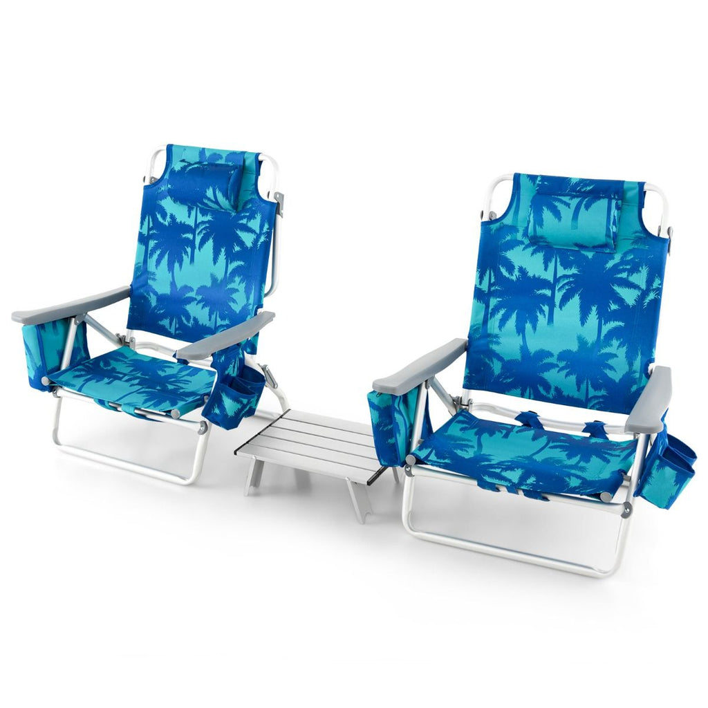 Lot de 2 Chaises de Camping Plage Pliante Table Enroulable en Aluminium Appui-tête Dossier Réglable à 5 Positions 6 Couleurs au Choix -