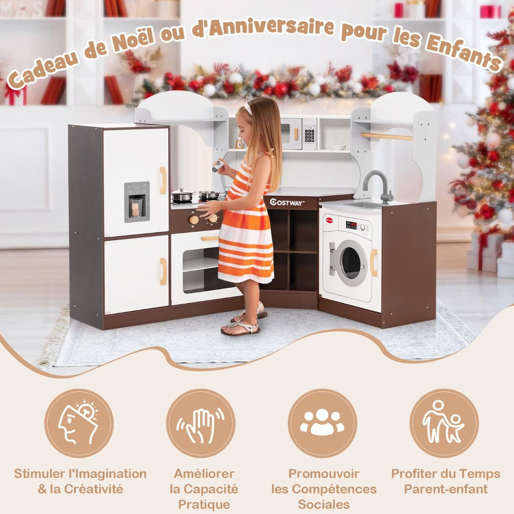 Jeu de Cuisine d'Angle pour Enfants de 3 Ans et Plus en Bois Machine  Glaons Porte-serviettes Accessoires Effets Sonores et Lumineux -