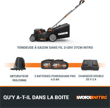 Load image into Gallery viewer, Pack Pro+ Tondeuse à Gazon 40V 460m² + Coupe-Bordures 20V + 2 Batteries 4Ah et 1 Batterie 2Ah + Chargeur Double et Chargeur Simple (Idéal pour l'Entretien du Jardin)