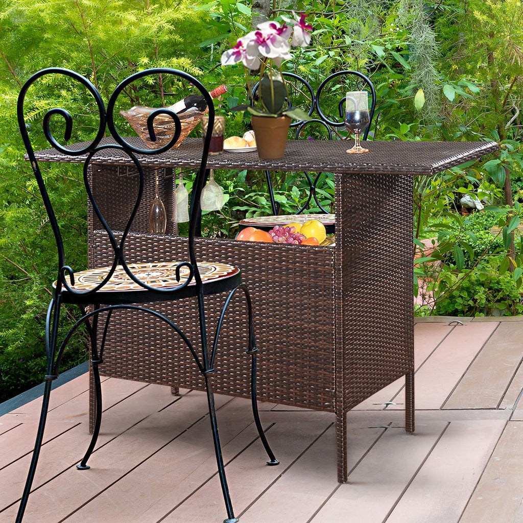 Table de Bar de Jardin en Résine Tressée avec 2 Etagères de Rangement 2 de Rails pour Porte-Verres Marron -