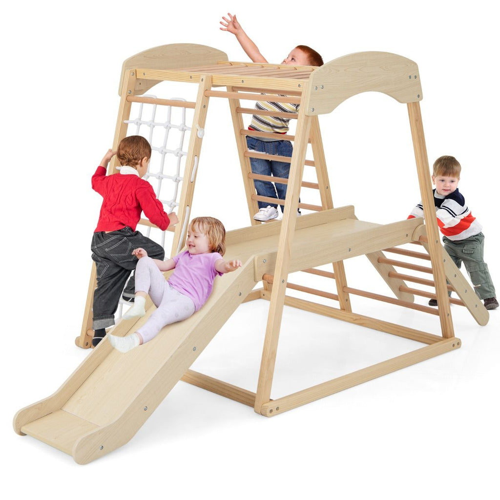 Triangle d'Escalade 6 en 1 en Bois avec Toboggan et Filet Barre pour Grimper Ramper et Glisser 1 An+ Coloré/Naturel -