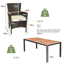 Load image into Gallery viewer, Salon de Jardin en Rotin 9 Pièces pour 8 Personnes Plateau de Table en Acacia Ensemble de Salle à Manger avec Coussins Amovibles Charge 160KG -