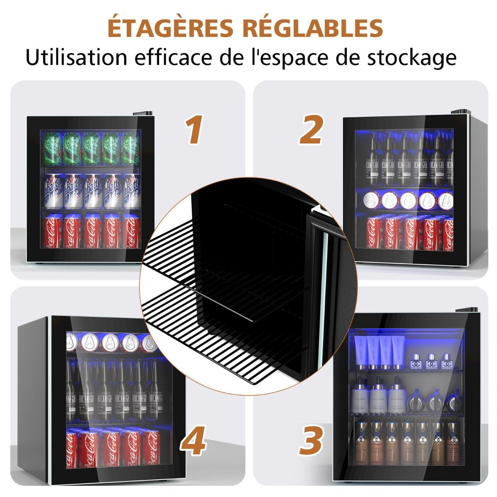 Réfrigérateur et Refroidisseur de Boissons 60 Canettes Mini Frigo avec Porte en Verre & Étagères Amovibles Ajustables (60 Canettes) Noir -