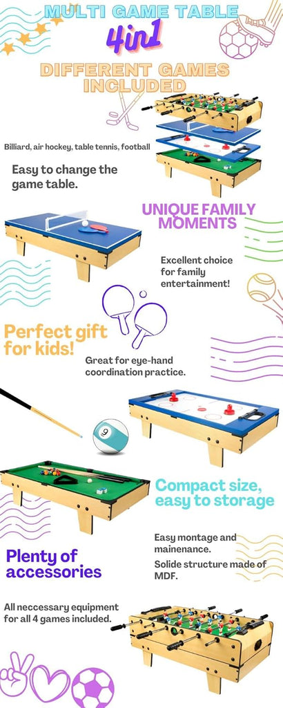 Leomark Table de Babyfoot 4 in 1 Multifonctionnel Jeu de Football,Bilard, Tenis, Hockey Baby-Foot, Baby Foot Table En Bois Jeu de Football Petite Taille Universel