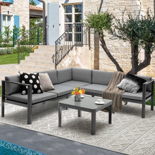 Load image into Gallery viewer, Salon de Jardin Extérieur avec Table Basse en Verre Trempé Canapéavec Dossier Inclinable à 6 Niveaux Coussins Inclus Gris -