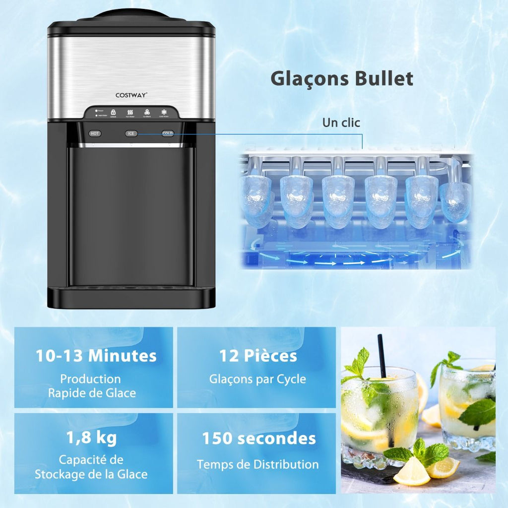 Machine à Glaçons 3 en 1 avec Distributeur d'Eau Froide/Chaude 20 kg en 24h Cube de Glace 6-13 min pour Maison Bureau Bar -