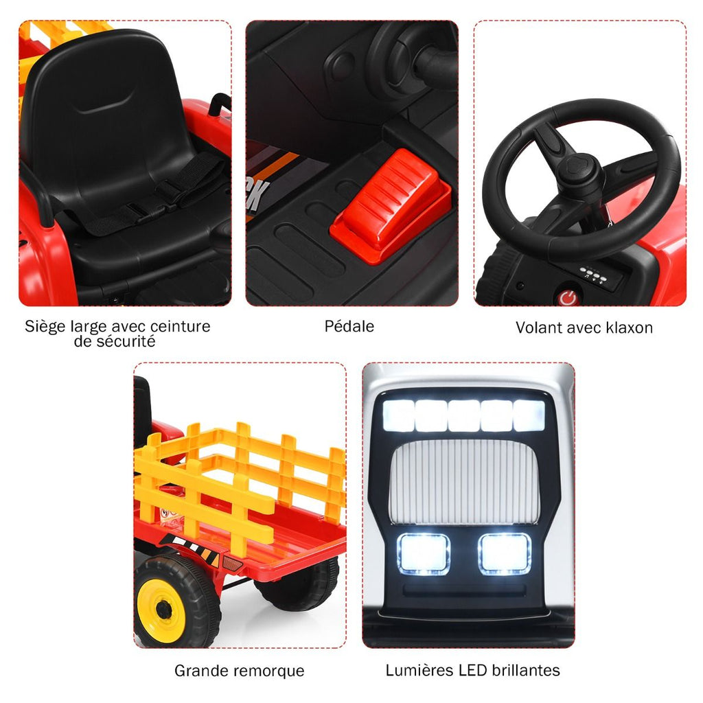 Tracteur Electrique avec Remorque pour Enfants 3 Vitesses Lumières LED Fonctions o USB et Bluetooth Jaune/Rose/Rouge/Vert/Vert Foncé/Noir -