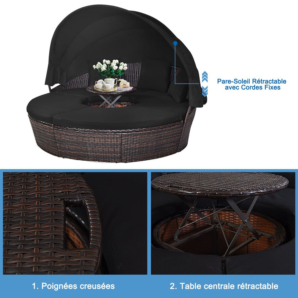 Lit de Jardin Rond d'Exterieur Table Relevable Modulable & Convertible - Pare Soleil Réglable rotin PE Coussins Inclus Noir -