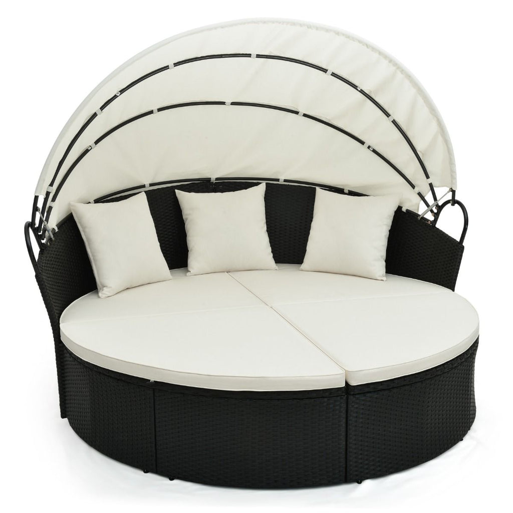 Lit Canap de Jardin Rond en Rotin PE Auvent Rtractable Coussins et Oreillers Amovibles Salon de Jardin Modulable Blanc -