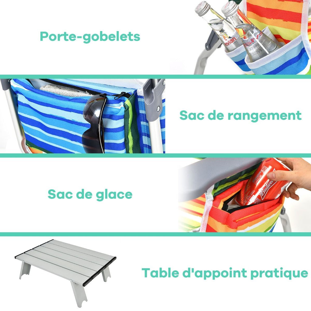 Lot de 2 Chaises de Camping Plage Pliante Table Enroulable en Aluminium Appui-tête Dossier Réglable à 5 Positions 6 Couleurs au Choix -