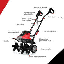 Load image into Gallery viewer, Motobineuse Motoculteur Électrique 1500W Profondeur Travail 22CM Largeur 43CM avec Poignée Pliable Roues Réglables 6 Lames -
