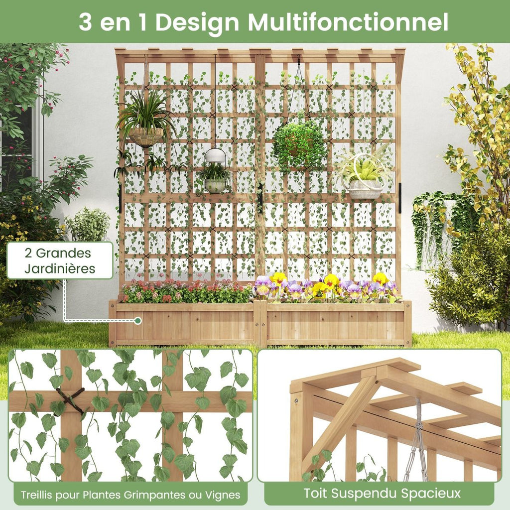 Jardinière avec 2 Treillis 2 Bacs Toit Suspendu en Bois Lit de Jardin Surélevé avec 4 Trous de Drainage 180 x 48 x 183 cm Orange -