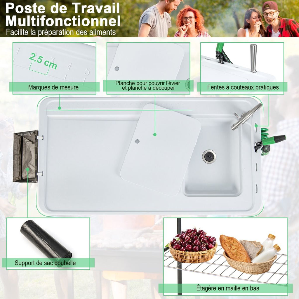 Table de Pêche Pliante avec Robinet Rotatif 360° Table Camping Portable pour Nettoyage Poisson en Acier&HDPE avec Évier et Support de Grille Charge 150KG -
