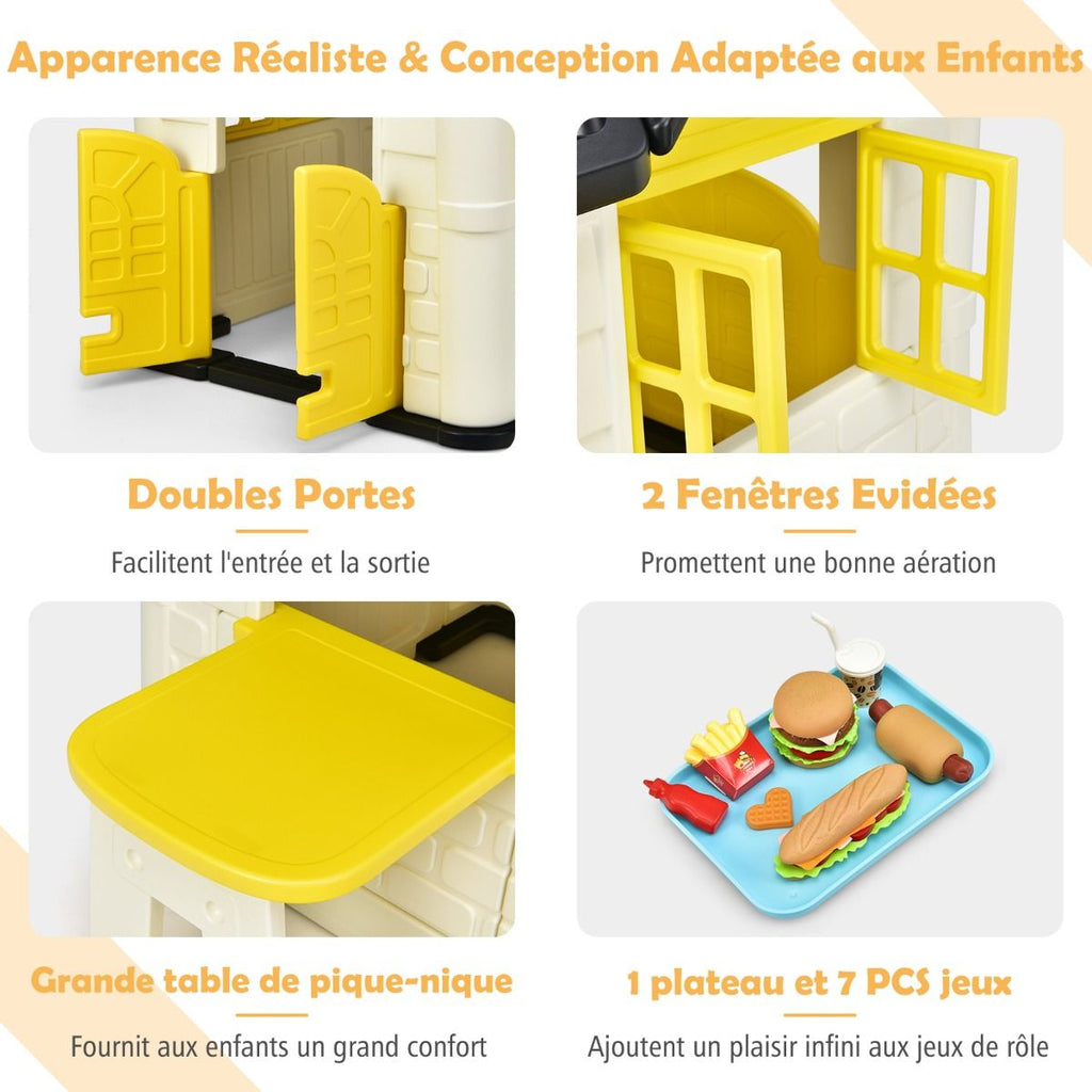 Maison Chef House -Thme Burger Bar - Table de Pique Nique Cabane de Jardin Anti-UV en Plastique 164x124x132 cm Bleu/Rose/Jaune -