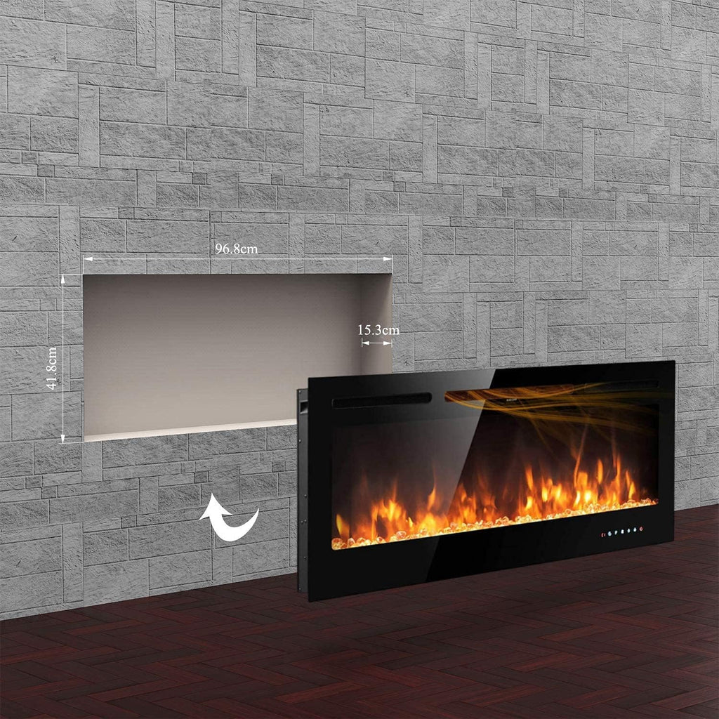 M.C.Haus Cheminée électrique avec écran Tactile et Panneau en Verre coloré pour Insert de Flamme - Chauffage Mural - Télécommande avec Cristal et bûches - 900/1800 W (102 cm, Noir)