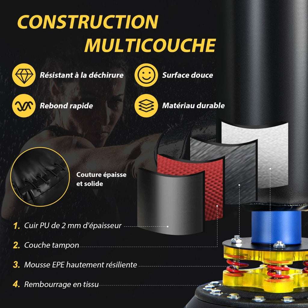 Sac de Frappe sur Pied Entraîneur de Vitesse en Boxe Barre Pivotante à 360° Punching Ball Hauteur Réglable 168-201cm pour MMA Adolescents & Adultes -