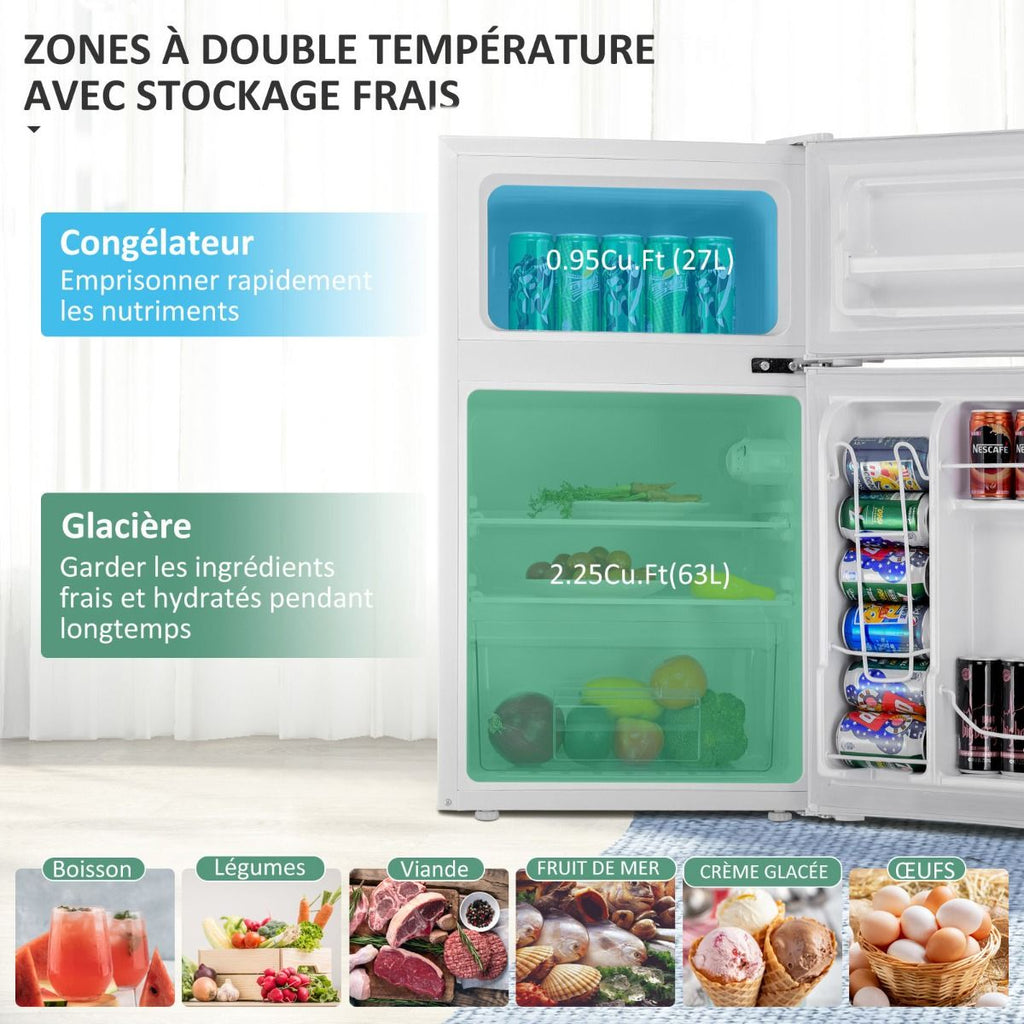 Réfrigérateur Compact Mini-réfrigérateur 90 L Congélateur Séparé avec Design à 2 Portes Fonctionnement Silencieux Blanc/Gris/Noir -