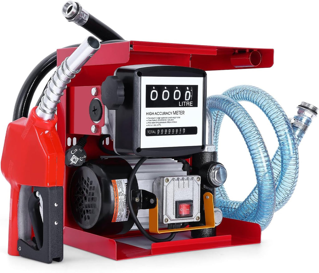 Pompe à diesel 230 V 550 W auto-amorçante - Stations essence mobiles 60/min - Avec tuyaux et pistolet de distribution - Pour voitures camions citernes etc.