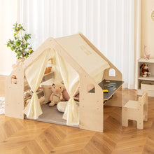 Load image into Gallery viewer, Tente de Jeu d'Intérieur en Bois pour Enfants 6 en 1 Tableau Noir Table Chaise 6 Bacs de Rangement Coussin de Sol Maison de Jeu pour 2-6 ans Beige -
