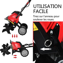 Load image into Gallery viewer, Motobineuse Motoculteur Électrique 1200W Profondeur Travail 22CM Largeur 35CM avec Poignée Pliable Roues Réglables 4 Lames -