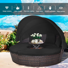 Load image into Gallery viewer, Lit de Jardin Rond d'Exterieur Table Relevable Modulable &amp; Convertible - Pare Soleil Réglable rotin PE Coussins Inclus Noir -