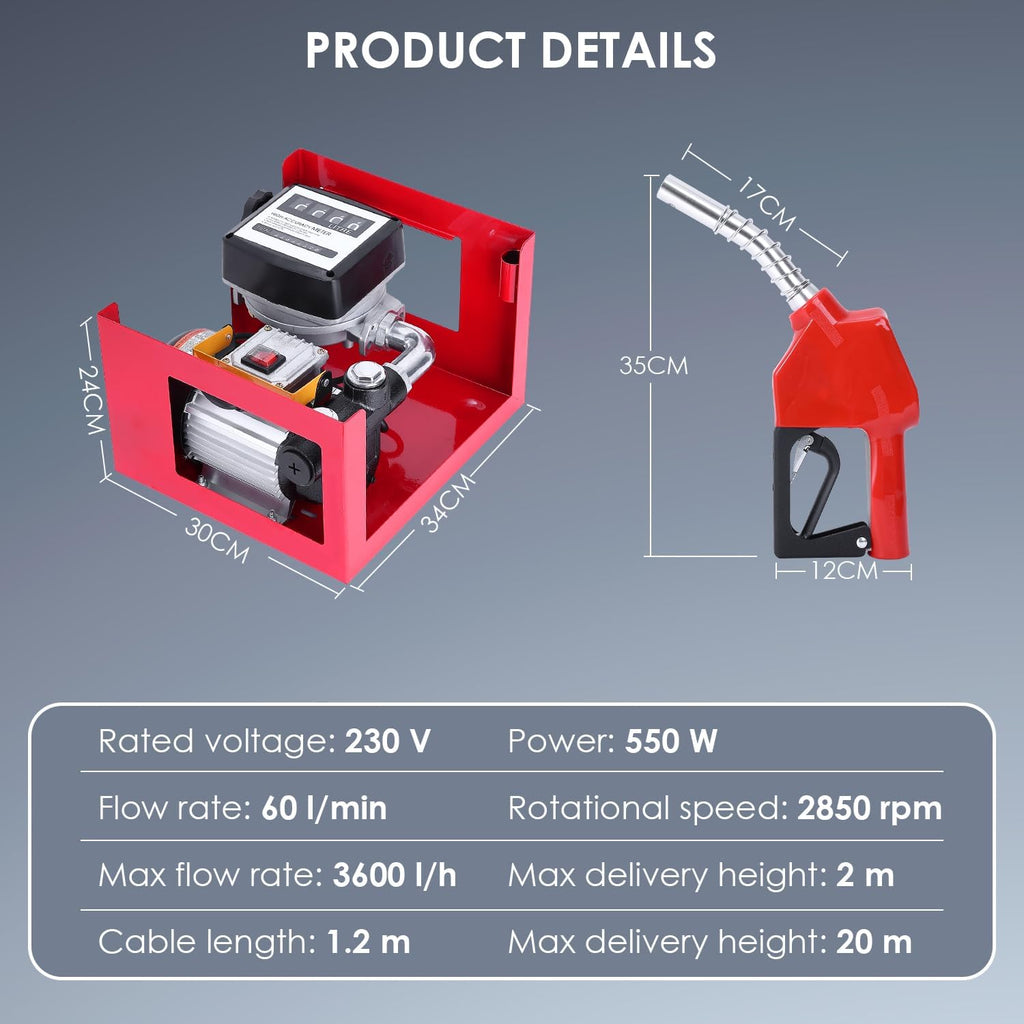 Pompe à diesel 230 V 550 W auto-amorçante - Stations essence mobiles 60/min - Avec tuyaux et pistolet de distribution - Pour voitures camions citernes etc.