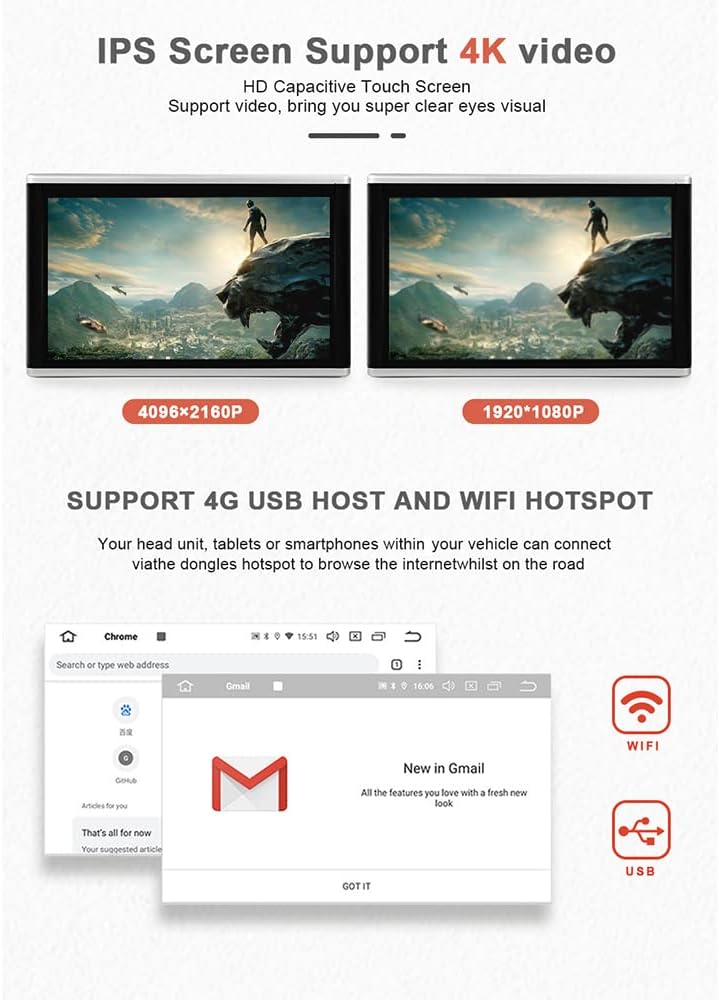 Lecteur vidéo HD 13,3 pouces (1080p) pour appuie-tête de voiture,Android 9.0,avec support de montage,écran tactile IPS 2 Go + 32 Go
