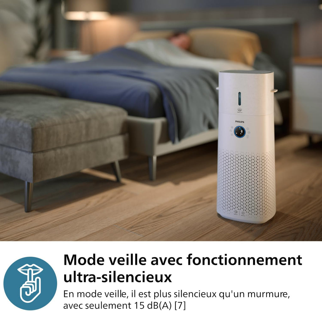 Philips Purificateur d'air et humidificateur 2 en 1 Séries 3000, 131 m2, Filtres NanoProtect HEPA et à charbon actif éliminant 99,97% des particules invisibles, Blanc (AC3737/10)