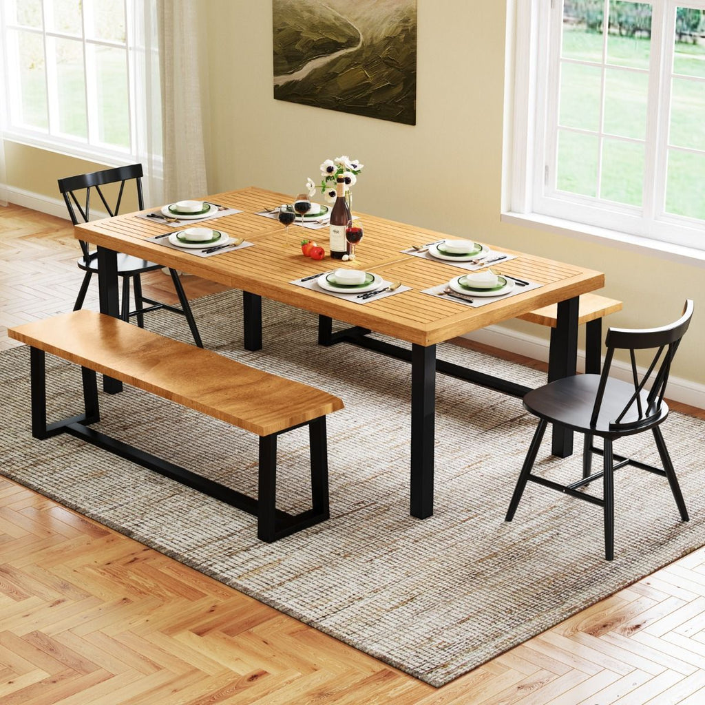 Table de Jardin 200 CM pour 8 Personnes Table Exterieur en Bois d’Acacia avec Trou de Parasol Dia.5 CM Design Latte Pieds en Métal -