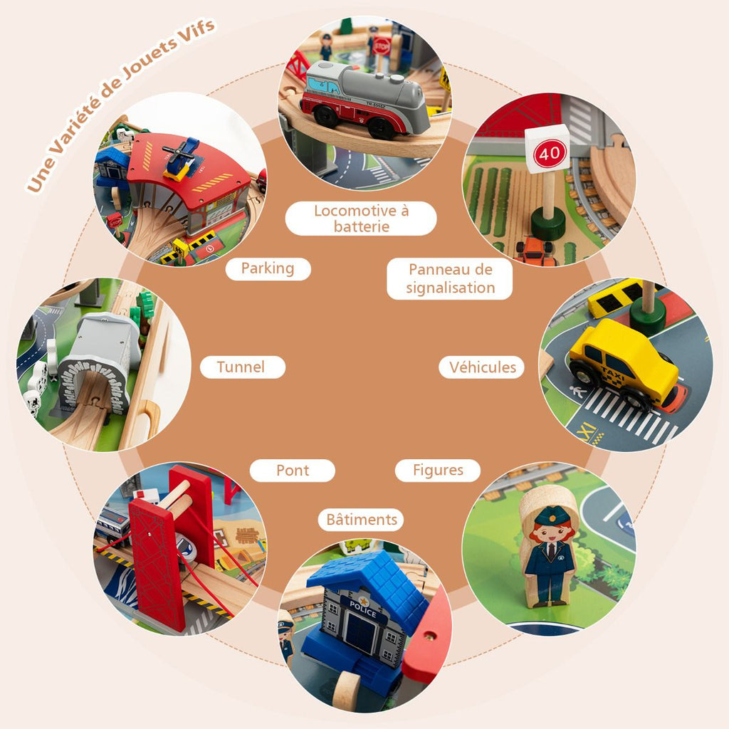 Table Circuit Train en Bois 100 Accessoires avec Tiroir de Rangement Jouet Educative pour Enfants 3 Ans + -