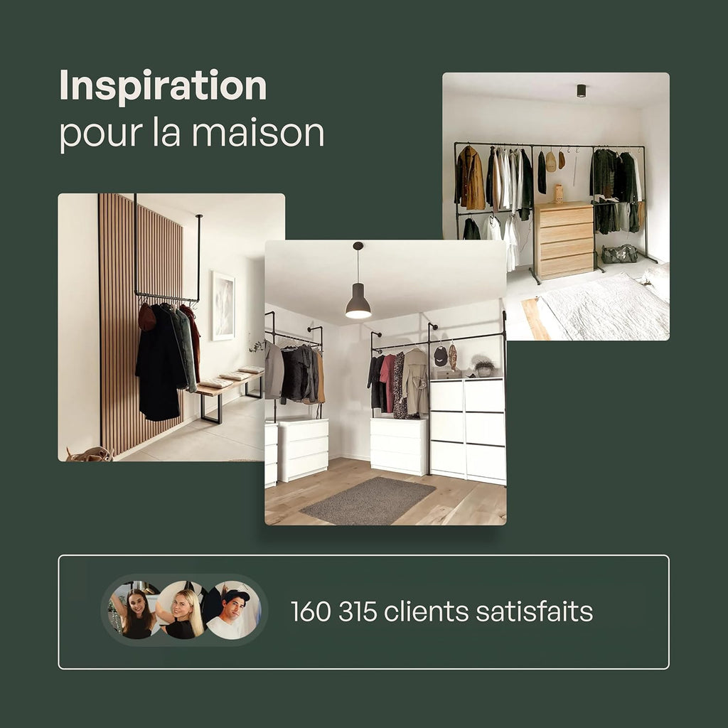 pamo penderie murale - capacité de charge 400 kg - penderie ouverte ou porte-manteau en métal noir industriel fabriqué à partir des tuyaux d’eau