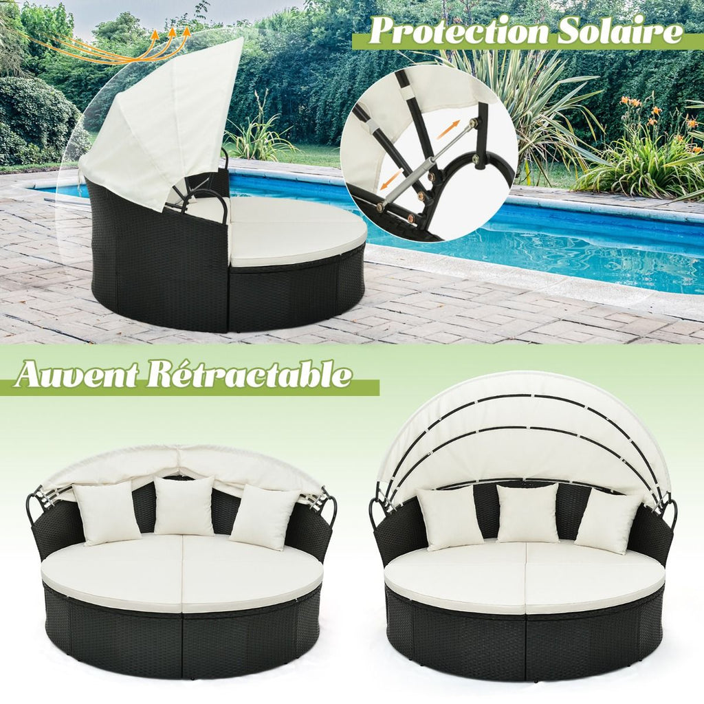 Lit Canapé de Jardin Rond en Rotin PE Auvent Rétractable Coussins et Oreillers Amovibles Salon de Jardin Modulable Blanc -